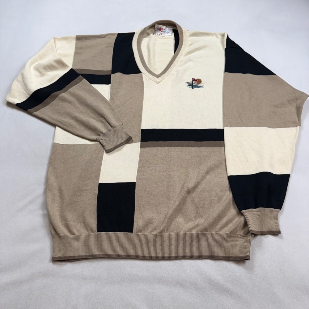 VTG Cotton Traders Sport Mens 2XT V-Neck Colorblock Golf Sweater Tan Black Cream